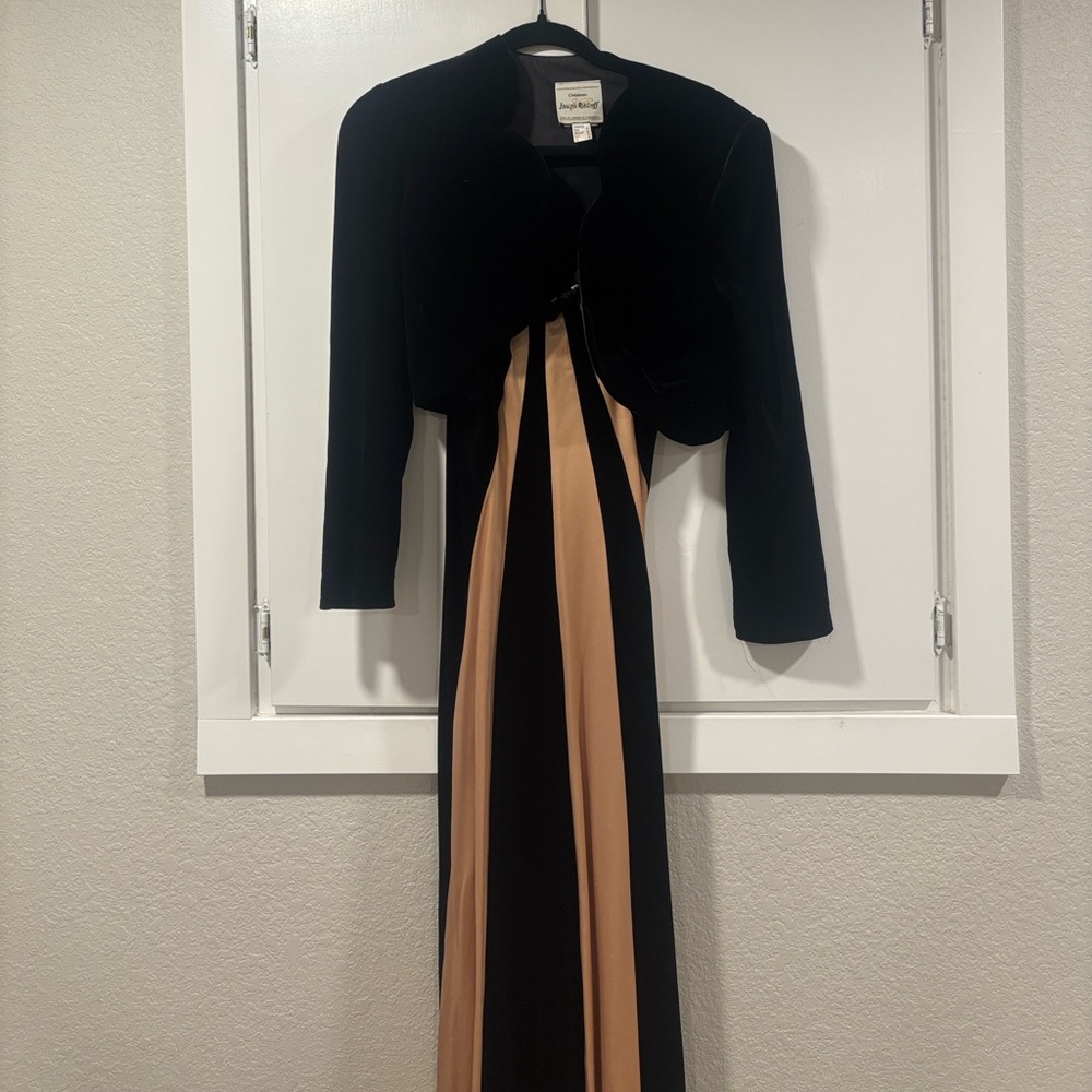 Joseph Ribkoff Elegant Black and Tan Velvet and Satin Dress With Bolero
